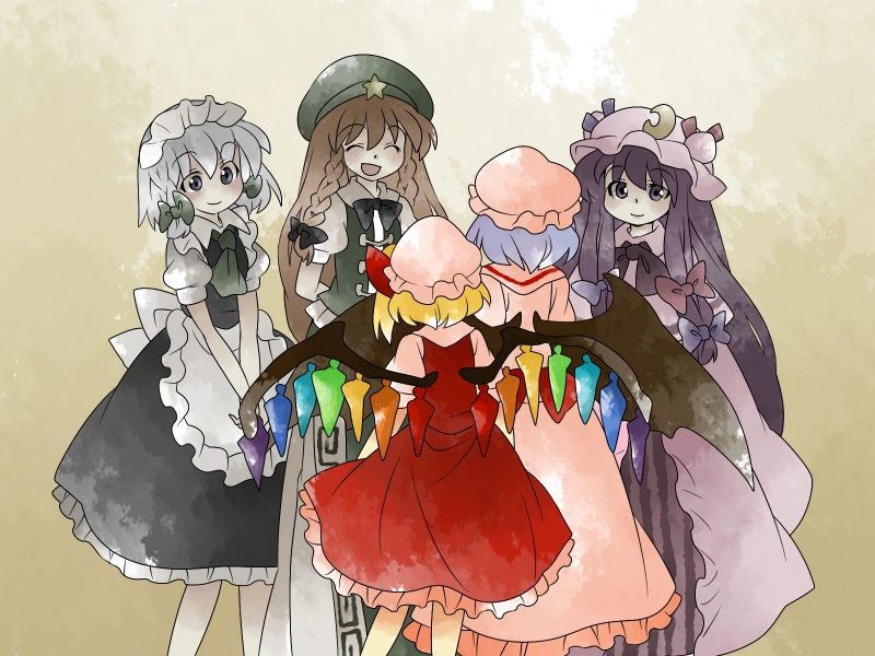 remilia scarlet, flandre scarlet, izayoi sakuya, patchouli knowledge, and hong meiling (touhou) drawn by hammer_(sunset_beach)