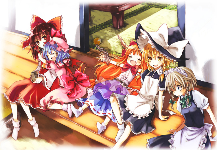 hakurei reimu, kirisame marisa, remilia scarlet, izayoi sakuya, and ibuki suika (touhou) drawn by miya_(tsumazukanai)