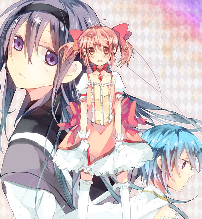 akemi homura, kaname madoka, and miki sayaka (mahou shoujo madoka magica) drawn by amana_raika