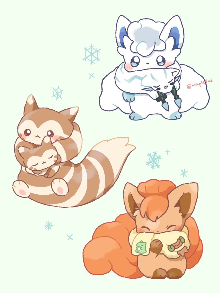 alolan vulpix, furret, vulpix, whimsicott, and chien-pao (pokemon) drawn by kana_(maple926)