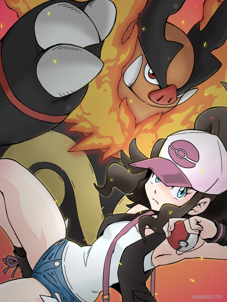 hilda and emboar (pokemon and 1 more) drawn by aruke_(gter7727)