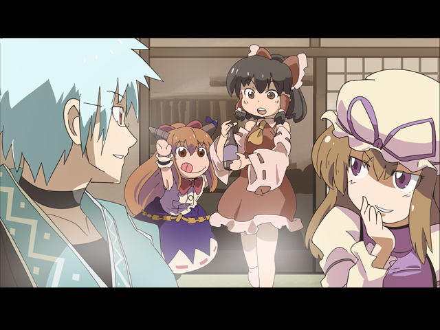 hakurei reimu, yakumo yukari, ibuki suika, and morichika rinnosuke (touhou) drawn by kuma_(marisaplayer)