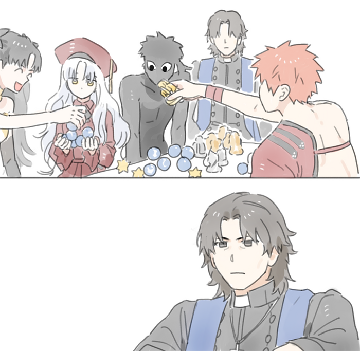 emiya shirou, ishtar, kotomine kirei, caren hortensia, senji muramasa, and 2 more (fate and 2 more) drawn by cczyjs