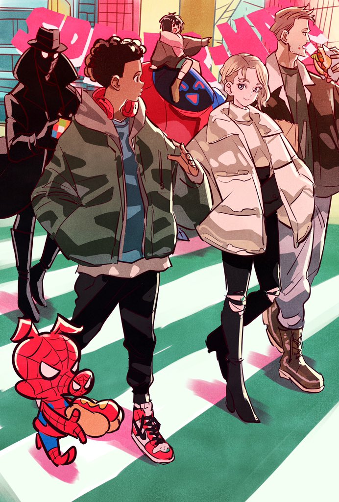 gwen stacy, peni parker, miles morales, sp//dr, peter b parker, and 2 more (marvel and 3 more) drawn by takeuchi_ryousuke