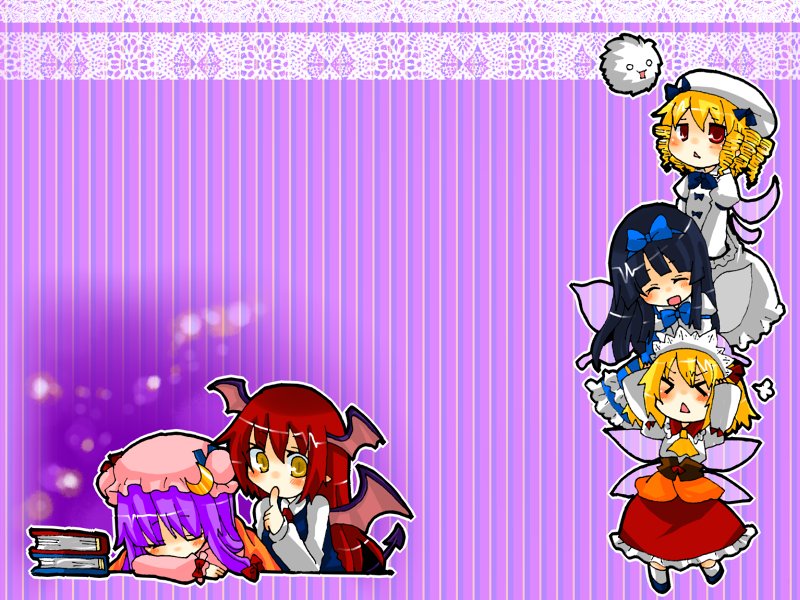 patchouli knowledge, koakuma, star sapphire, luna child, sunny milk, and 1 more (touhou) drawn by takamura