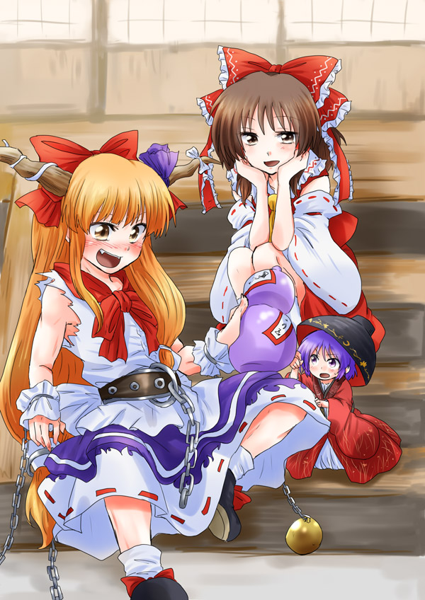 hakurei reimu, ibuki suika, and sukuna shinmyoumaru (touhou) drawn by unya