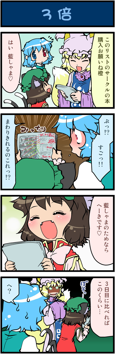 yakumo ran, chen, and tatara kogasa (touhou) drawn by mizuki_hitoshi