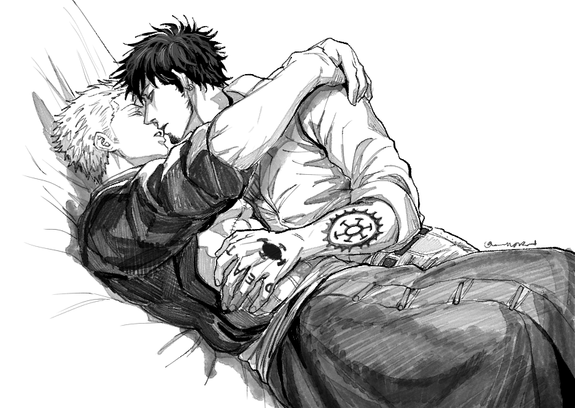 roronoa zoro and trafalgar law (one piece) drawn by nok_(nok_1)