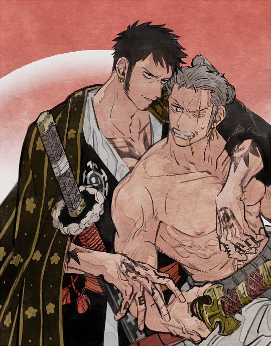 roronoa zoro and trafalgar law (one piece) drawn by kalk0011