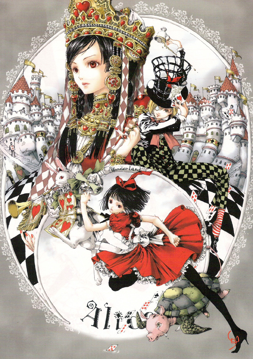 alice, white rabbit, cheshire cat, and mad hatter (alice's adventures in wonderland) drawn by nao_tsukiji