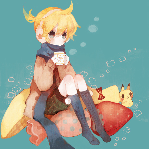 kagamine len and pikachu (pokemon and 1 more) drawn by pechika