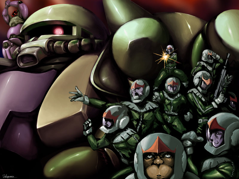 zaku ii, dom, zaku ii f/j, denim, and gene (gundam and 1 more) drawn by caryo and tabigarasu