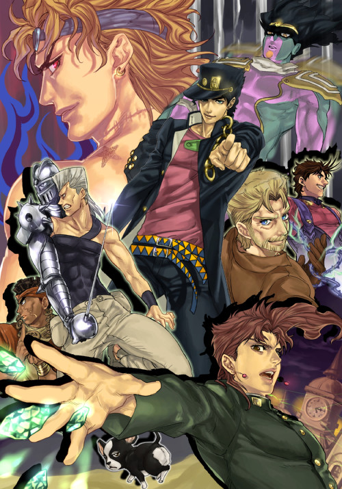 joseph joestar, kujo jotaro, dio brando, kakyoin noriaki, jean pierre polnareff, and 4 more (jojo no kimyou na bouken and 1 more) drawn by icym