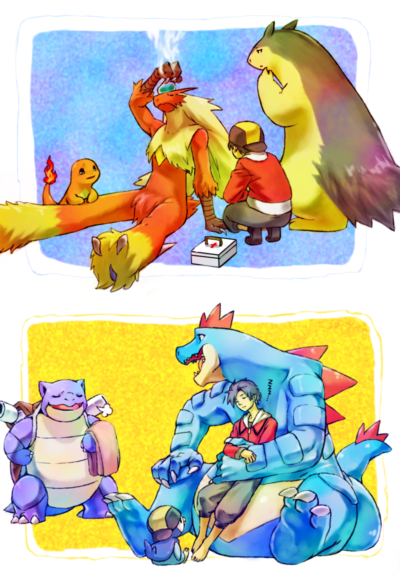 ethan, piplup, charmander, blaziken, typhlosion, and 2 more (pokemon and 1 more) drawn by agakunoda