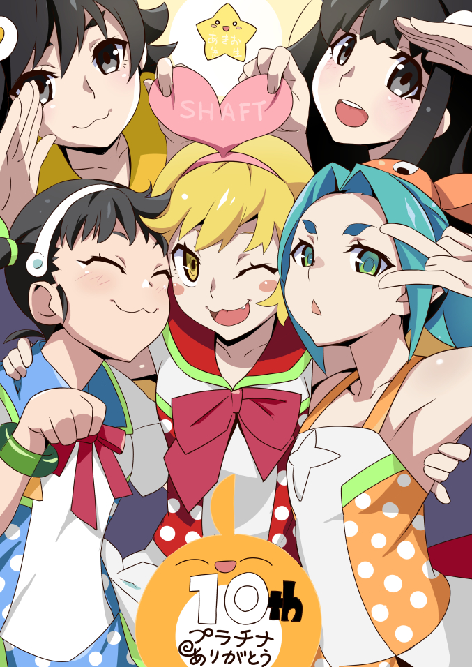 oshino shinobu, hachikuji mayoi, araragi karen, ononoki yotsugi, and araragi tsukihi (monogatari and 1 more) drawn by gesugesu_ahoaho