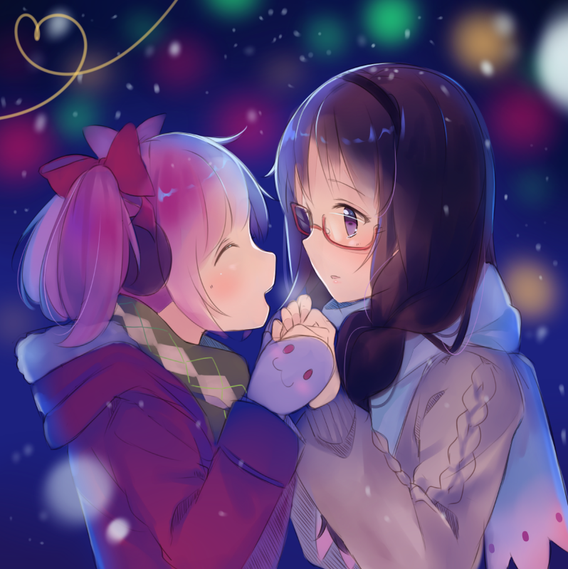 akemi homura, kaname madoka, and kyubey (mahou shoujo madoka magica) drawn by hitsukuya