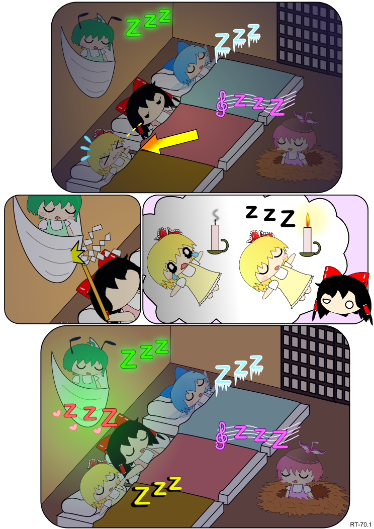 hakurei reimu, cirno, rumia, mystia lorelei, and wriggle nightbug (touhou) drawn by dozy_(d_mendozer)