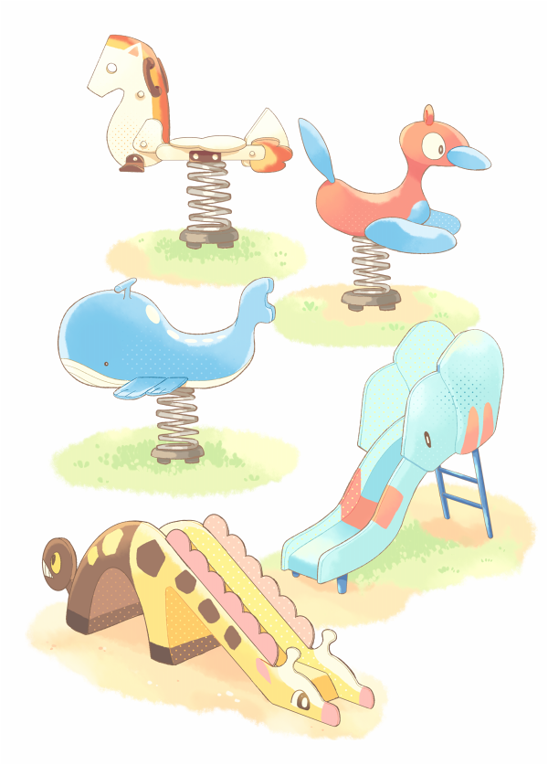 wailord, ponyta, porygon2, phanpy, and girafarig (pokemon) drawn by hitofutarai