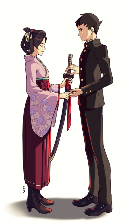 ryunosuke naruhodo and susato mikotoba (ace attorney and 1 more) drawn by tori_(11toritori)