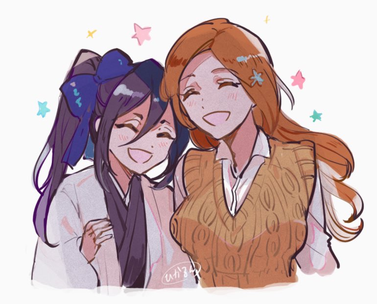 kuchiki rukia and inoue orihime (bleach) drawn by hara_hikaru