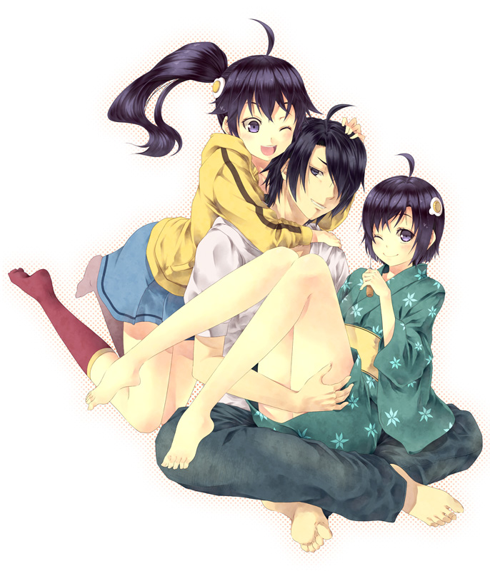 araragi koyomi, araragi karen, and araragi tsukihi (monogatari and 2 more) drawn by kouji_(campus_life)