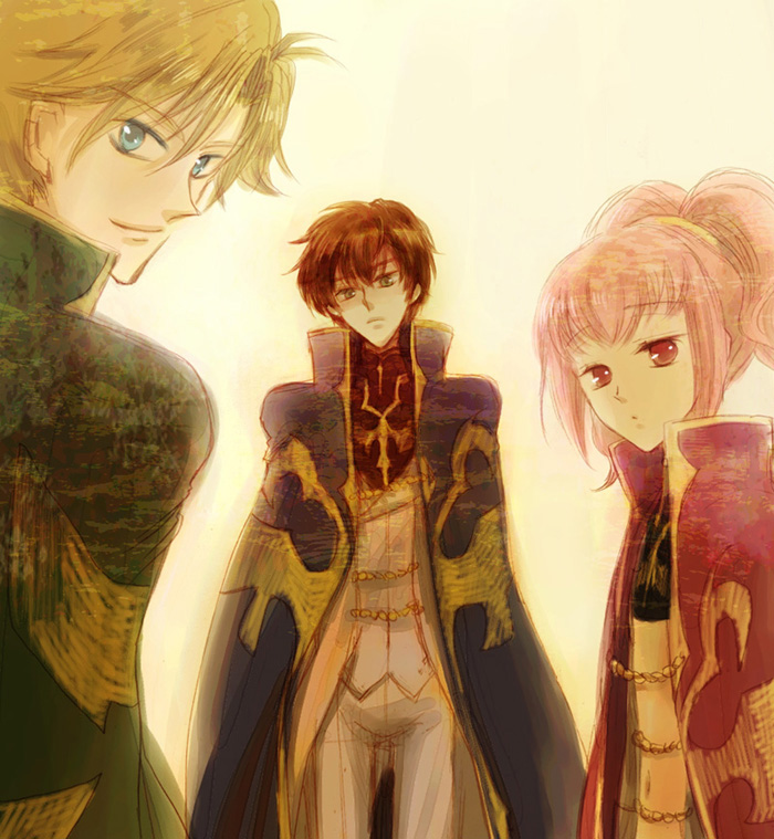 kururugi suzaku, anya alstreim, and gino weinberg (code geass and 1 more) drawn by samako