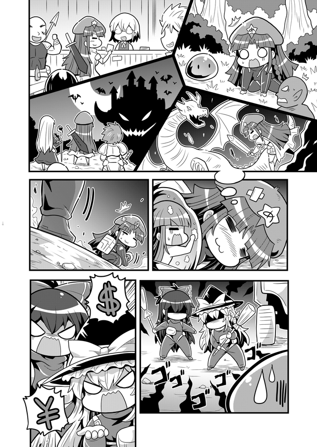 hakurei reimu, kirisame marisa, hong meiling, houraisan kaguya, morichika rinnosuke, and 1 more (touhou and 1 more) drawn by colonel_aki