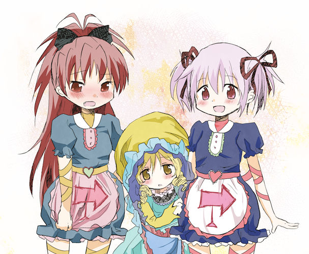 kaname madoka, sakura kyoko, tomoe mami, candeloro, and du polignac (mahou shoujo madoka magica) drawn by karaage_(torikkk)