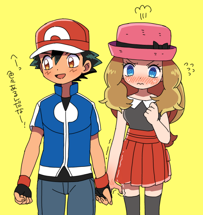 ash ketchum and serena (pokemon and 1 more) drawn by moyori