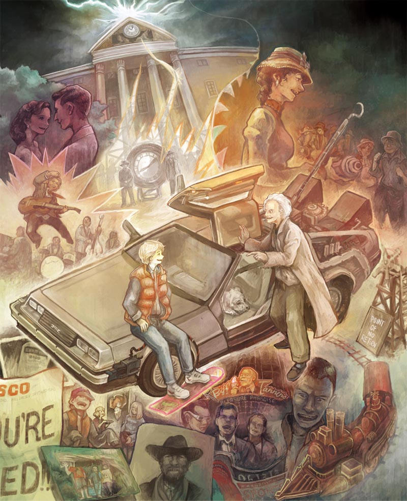marty mcfly, emmett brown, einstein, lorraine baines, biff tannen, and 3 more (back to the future and 2 more) drawn by sumi_(nd60)