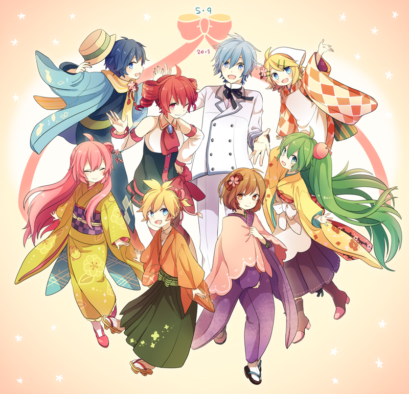 hatsune miku, kagamine rin, kagamine len, megurine luka, kasane teto, and 2 more (vocaloid and 2 more) drawn by akiyoshi_(tama-pete)