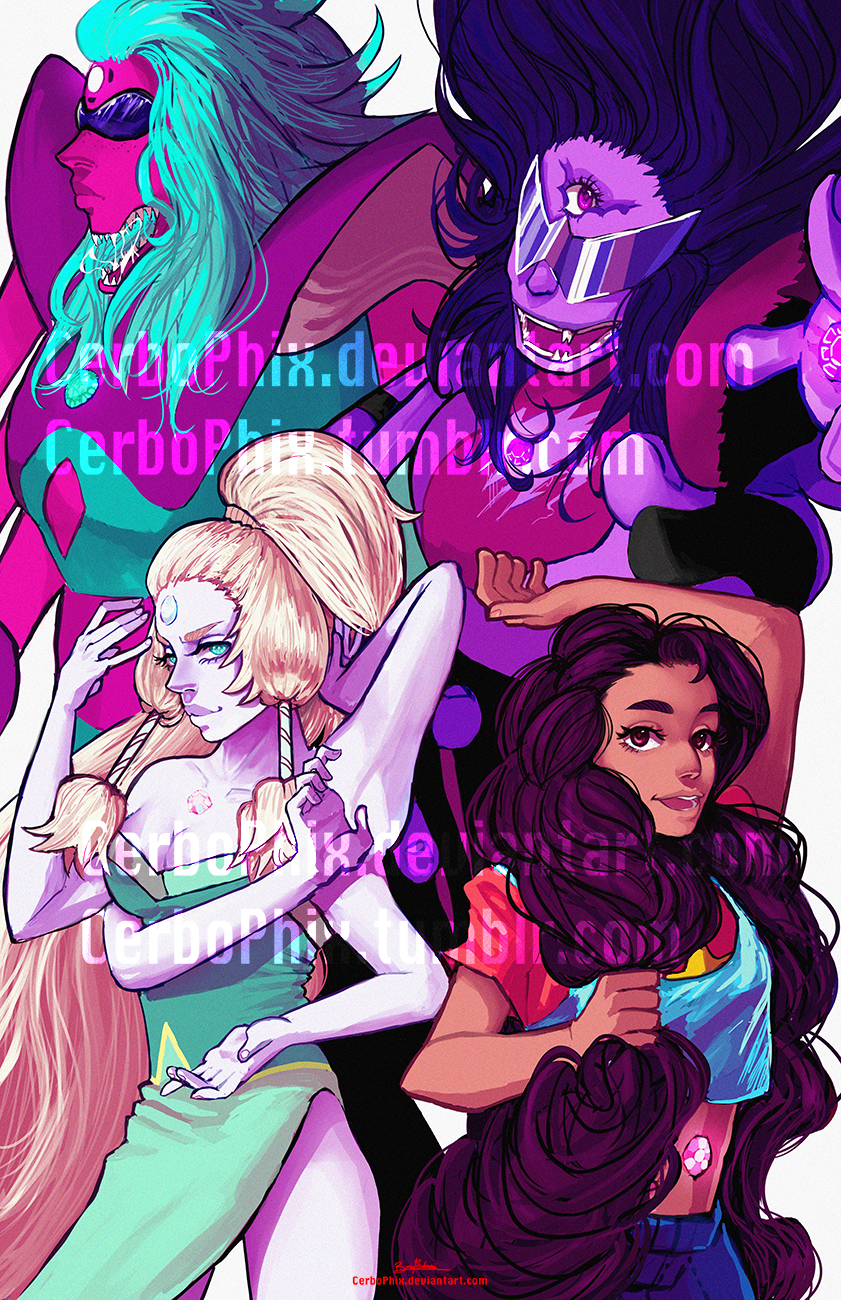 opal, stevonnie, sugilite, and alexandrite (steven universe) drawn by boradraws