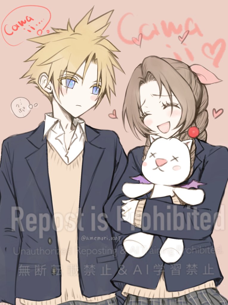 cloud strife, aerith gainsborough, and moogle (final fantasy and 1 more) drawn by amemori_0207