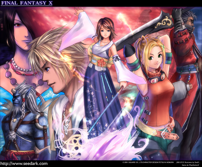 yuna, tidus, rikku, lulu, auron, and 1 more (final fantasy and 1 more) drawn by seedark