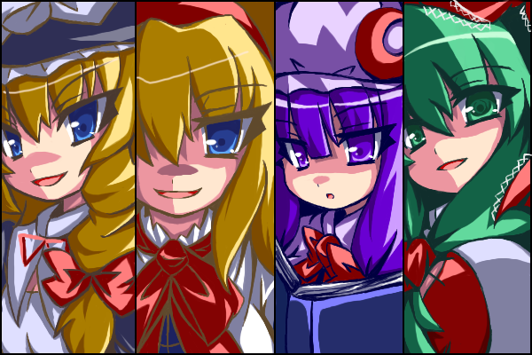 kirisame marisa, alice margatroid, patchouli knowledge, and kagiyama hina (touhou) drawn by oborotsuki_kakeru