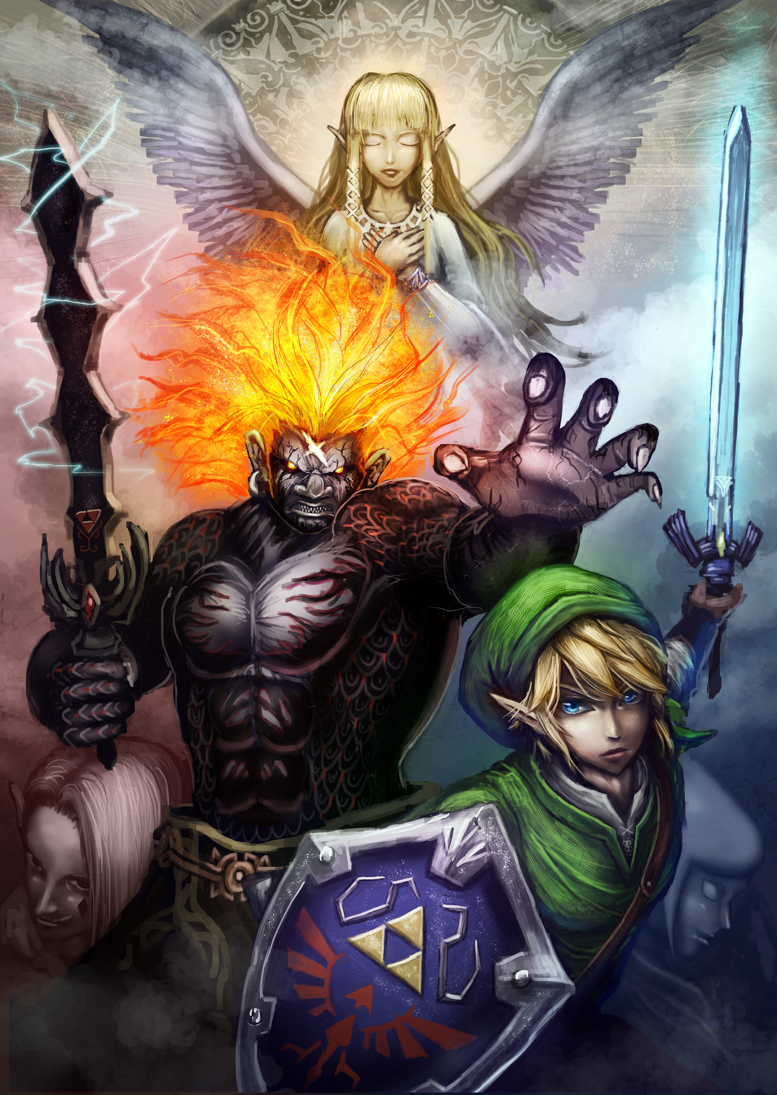 link, princess zelda, fi, ghirahim, and demise (the legend of zelda and 1 more) drawn by azul_(ze-l)