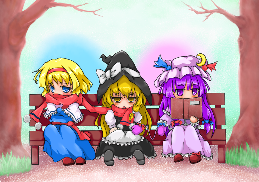 kirisame marisa, alice margatroid, and patchouli knowledge (touhou) drawn by kinokobakudan