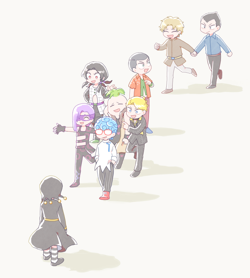 prosciutto, risotto nero, melone, ghiaccio, illuso, and 4 more (jojo no kimyou na bouken and 1 more) drawn by kome_jo
