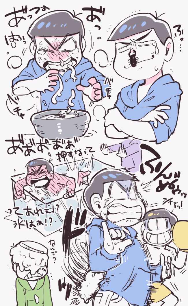 matsuno karamatsu, matsuno jyushimatsu, and matsuno choromatsu (osomatsu and 1 more) drawn by sanjiro_(tenshin_anman)