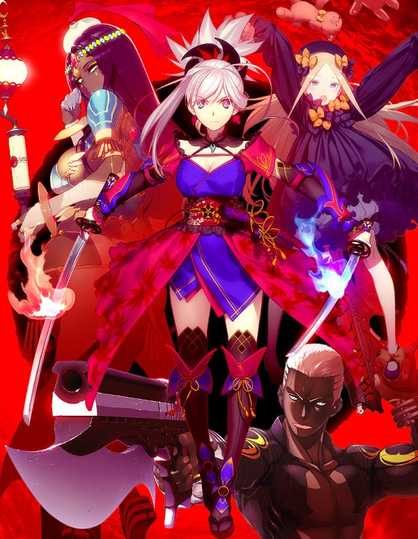 abigail williams, miyamoto musashi, scheherazade, and emiya alter (fate and 1 more) drawn by koyama_hirokazu, kuroboshi_kouhaku, namaniku_atk, and sasaki_shounen