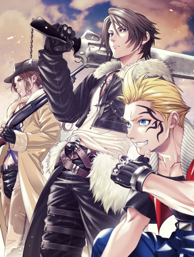 squall leonhart, zell dincht, and irvine kinneas (final fantasy and 1 more) drawn by ko102k1