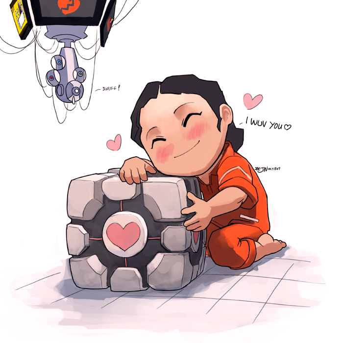 glados, chell, aperture science weighted companion cube, anger core, and cake core (portal and 2 more) drawn by saejin_oh