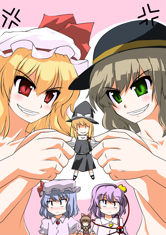 hakurei reimu, kirisame marisa, remilia scarlet, flandre scarlet, komeiji koishi, and 1 more (touhou) drawn by okumari