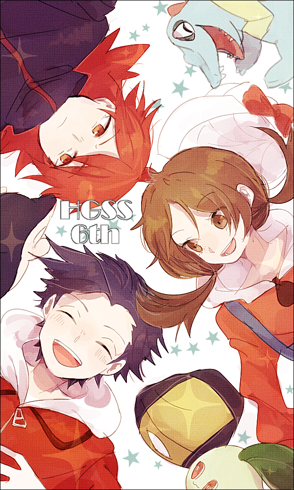 ethan, lyra, silver, cyndaquil, chikorita, and 1 more (pokemon and 1 more) drawn by nao_(naaa_195)