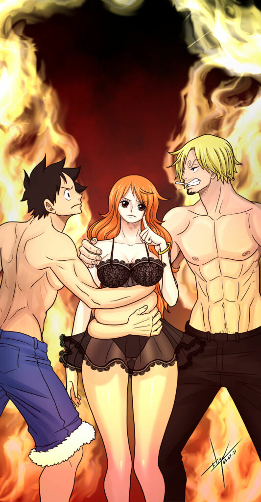 nami, monkey d. luffy, and sanji (one piece) drawn by elizagm