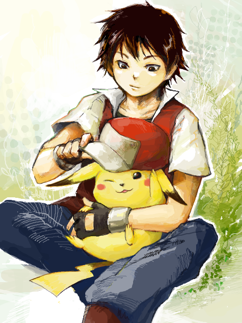 pikachu and red (pokemon and 1 more) drawn by nonomichi_(tegaki)