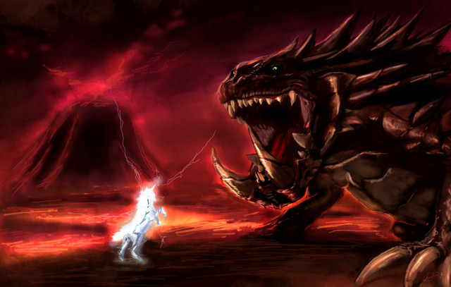 kirin and akantor (monster hunter) drawn by aaronflorento
