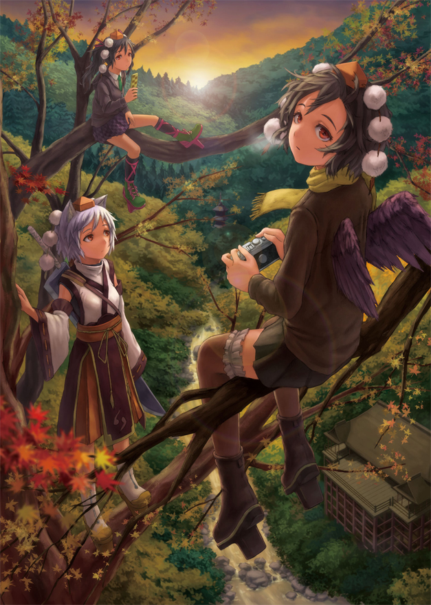 shameimaru aya, inubashiri momiji, and himekaidou hatate (touhou) drawn by kurione_(zassou)