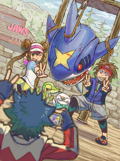rosa, oshawott, snivy, nate, hugh, and 1 more (pokemon and 1 more) drawn by shumoku_oka
