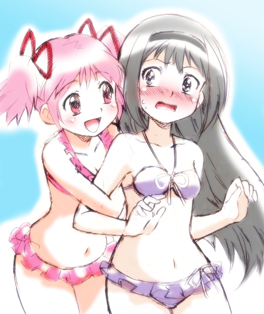 akemi homura and kaname madoka (mahou shoujo madoka magica) drawn by hikari_(mitsu_honey)